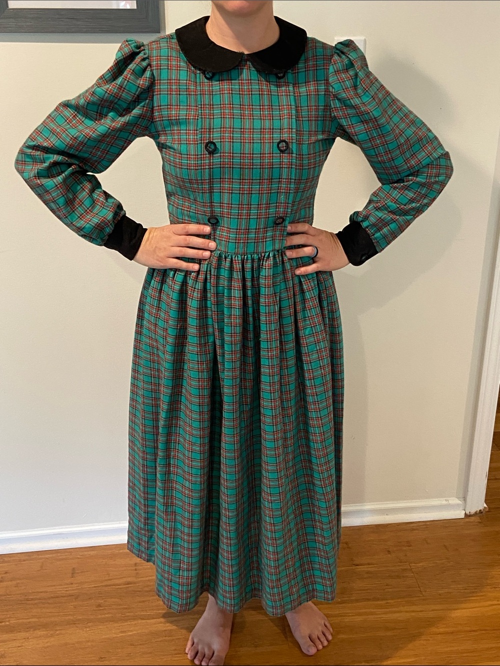 Vintage 80's Misty Lane Plaid Long-Sleeve Dress with Black Corduroy Collar sz 4